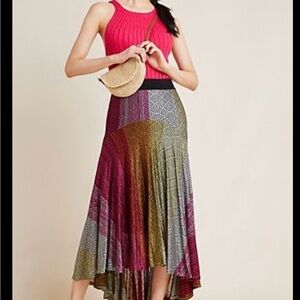 Antropología Elegant Red and Gold Fit and Flare Maxi Skirt